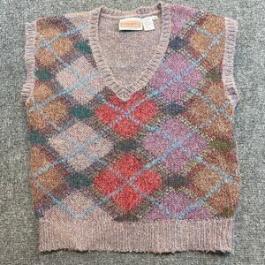Vintage Pronto Purple Argyle Knit Sweater Vest V-Neck Wool Plaid Womens Medium